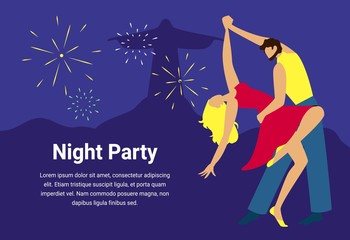 Man Dances with Woman at Brazilian Carnival. Incendiary Dances. Night Party. People Celebrate Day of Brazilian Carnival. Country Cult. People Have Fun. Vector Illustration. Advertising Image with Text