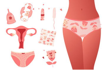 Vector set of female hygiene products. Menstrual cup, tampons, pads, eco pads, panties, woman's body, calendar of menstrual cycle. Set of personal hygiene vector illustration. 