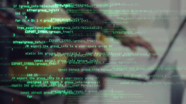 Male programmer types program code on laptop. Green source code overlay. Code and information hologram. Personal data protection, password safety, private key and cyber attack prevention concept.