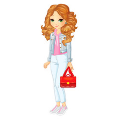 Girl In Denim Jacket And White Pants