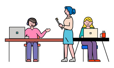 Office workers at desktops and team leader, man in headset and women vector. Statistics and analytics, characters in headsets with laptop. Online business or customers support agents illustration