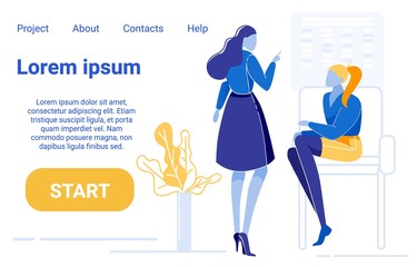 Business Women, Young Girls Colleagues or Office Coworkers Meeting and Talking, Communicating. Corporate Managers or Company Clerks Discussing Working Problems and Tasks. Flat Vector Illustration.