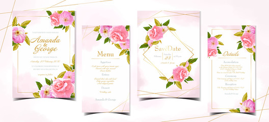 set of elegant pink wedding invitation card collection with abstract background