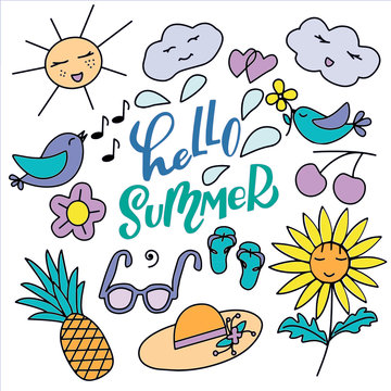 Set of cute, cartoony characters and lettering - hello summer - in vector graphics on a white background. For the design of postcards, wallpapers, covers for phones, pillos, towels, mugs