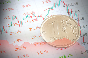 A coin in denominations of one Russian ruble lies amid falling quotes. Illustration of the crisis in the Russian sector of the economy. The falling ruble and the collapse of the Russian market.