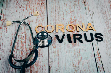 CORONA VIRUS words on wooden background