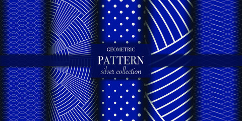 Set of 5 dark blue and silver luxury geometric pattern background. Abstract line, dot retro style vector illustration for wallpaper, flyer, cover, design template. minimalistic ornament, backdrop.