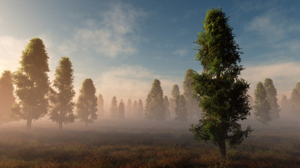 Obraz na płótnie Canvas Trees in misty field at sunrise digitally generated.