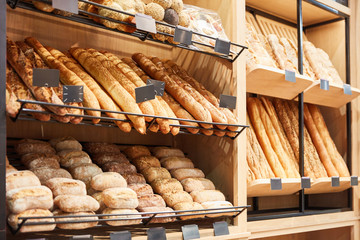 Bread and baguette and rolls in bakery