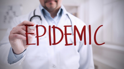 Doctor writing word EPIDEMIC on imaginary screen in clinic, closeup