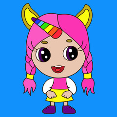 emoticon with beautiful girl unicorn with pink hair, long eyelashes & rainbow horn, vector emoji in color on isolated background