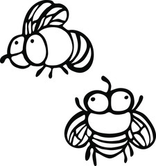 Set are thick, small, simple flies in a doodle style. Line insect. Print for children's coloring, print for clothes, t-shirts, cups, postcard. Black image on a white background.