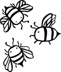 Set thick, small, simple bees in a doodle style. Line insect. Print for children's coloring, print for clothes, t-shirts, cups, postcard. Black image on a white background.