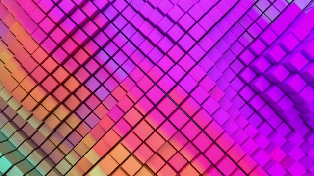 Abstract animation of moving topographic surface. Futuristic bright structure. Seamless geometric color leak background. 4k loopable composition with multicolored cubes.