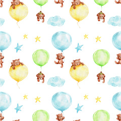 Modèle sans couture avec ours en peluche de dessin animé avec des ballons bleus, verts et jaunes, des nuages et des étoiles   illustration de dessin à la main à l& 39 aquarelle  avec fond isolé blanc