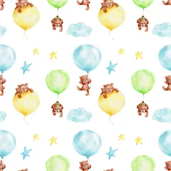 Photo sur Plexiglas Animaux avec ballon Modèle sans couture avec ours en peluche de dessin animé avec des ballons bleus, verts et jaunes, des nuages et des étoiles   illustration de dessin à la main à l& 39 aquarelle  avec fond isolé blanc