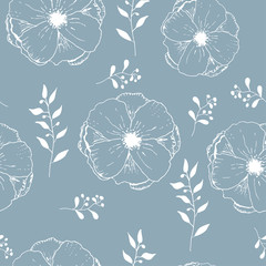 Seamless floral pattern of white outlined flowers and leaves on bluish gray. Vector repeating flower background for textile, fashion, wallpaper, print, cover, backdrop, banner, card, package design. © Igor