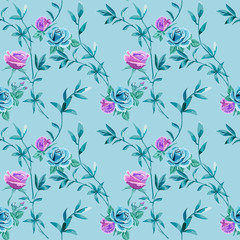 Trendy floral background with blue, lilac roses flowers and twigs with leaves on light blue.
