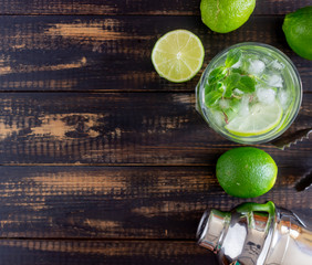 Cocktail mojito with lime, mint and ice. Recipe. Alcohol. Summer drink. Vegetarianism. Health.
