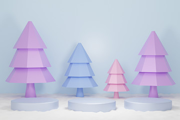 Merry Christmas and Happy New Year pastel background,Abstract geometric podium product stage with pine tree, platform Scene to show cosmetic products presentation. xmas, 3d render