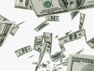 Falling dollars isolated in white background. 3d rendering - illustration.