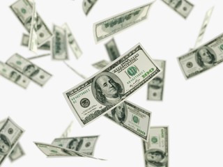 Falling dollars isolated in white background. 3d rendering - illustration.