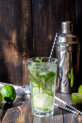 Cocktail mojito with lime, mint and ice. Recipe. Alcohol. Summer drink. Vegetarianism. Health.