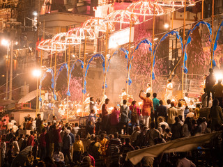 Temple in India by night near river Ganges