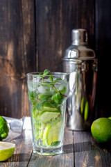Cocktail mojito with lime, mint and ice. Recipe. Alcohol. Summer drink. Vegetarianism. Health.