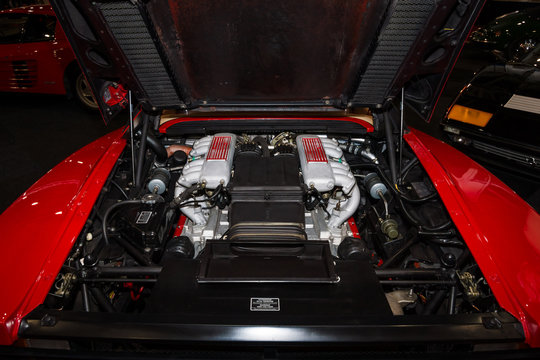 MAASTRICHT, NETHERLANDS - JANUARY 09, 2015: Engine of a sports car Ferrari Testarossa (Type F110). International Exhibition InterClassics & Topmobiel 2015