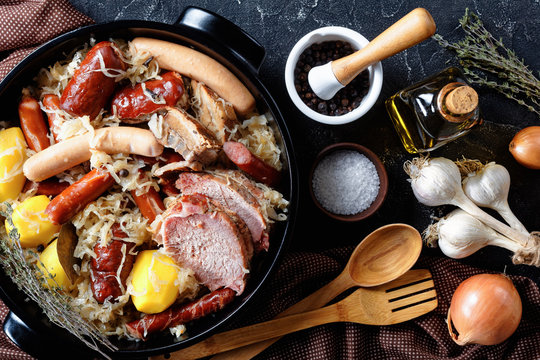 Alsace dish choucroute garnie, view from above
