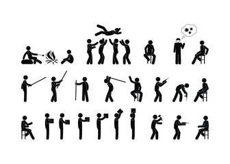 stick figure man various poses, stickman icon set, isolated pictograms human silhouette