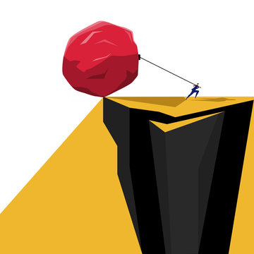 Businessman pull huge stone on the cliff. Business problem crisis hardship and burden concept.