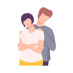 Fototapeta premium Young Man Hugging Upset Girl with Folded Hands, People Trying to Save Love and Friendship Flat Vector Illustration