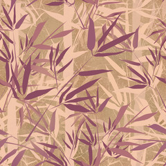 Seamless abstract pattern. Pink and lilac bamboo on a beige grunge background.