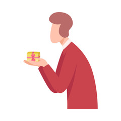 Young Man Holding Gift Box, Side View Flat Vector Illustration