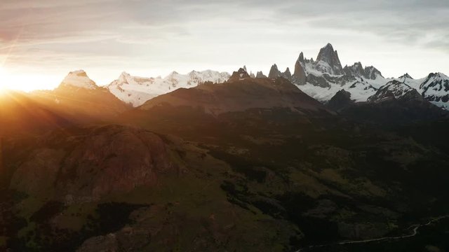 Aerial view of Mount Fitz Roy at sunset. Patagonia, Argentina