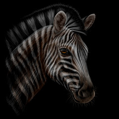 Zebra. Color, realistic, hand-drawn portrait of a Zebra head on a black background.