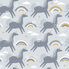 Fototapeta premium Horses- unicorns, hand drawn backdrop. Colorful seamless pattern with animals, sky. Decorative cute wallpaper, good for printing. Overlapping background vector. Design illustration