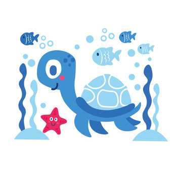 Vector card with sea animals turtle star fish. Marine theme design. 