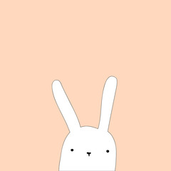 Hand drawn doodle cute white Easter bunny with funny face expression on pastel pink background. Holiday greeting card room wall poster for kids