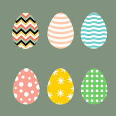 Set of Easter eggs with various patterns chevron waves floral checkered polka dots in pastel retro colors on gray background. Design elements for cards posters banners