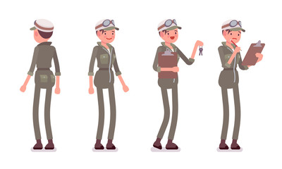 Mechanic girl in overalls standing. Attractive female skilled worker, motor vehicle service technician wearing uniform, garage or auto workshop job. Vector flat style cartoon illustration, front, rear