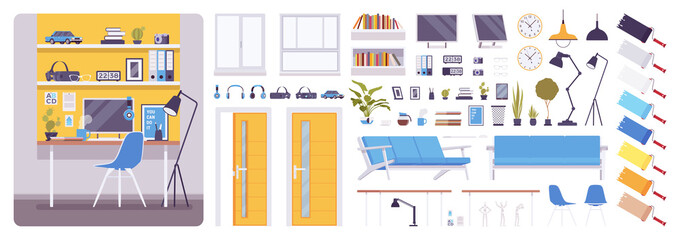 Freelancer workplace area interior construction set, home freelancing cabinet, kit with furniture, constructor element to build own design. Cartoon flat style infographic illustration, color palette