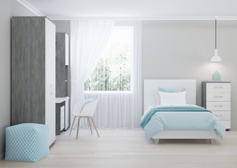 Cozy stylish bedroom designed for a teenager. Bright interior with bright accents. 3D rendering. - 329338147