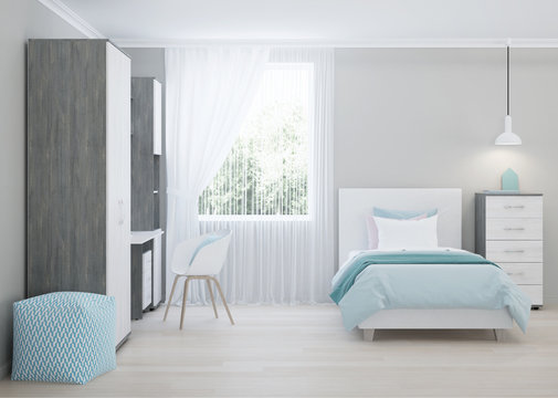 Cozy Stylish Bedroom Designed For A Teenager. Bright Interior With Bright Accents. 3D Rendering.