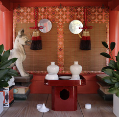 Japanese Shinto altar dedicated to Inari (The Fox rice deity)