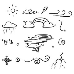 hand drawn doodle weather collection symbol set with line art cartoon style vector