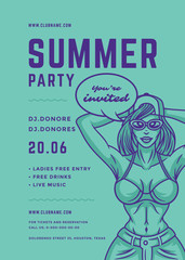 Summer beach party flyer or poster template duotone pop art typography style design.