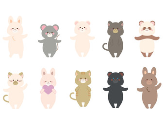 Fototapeta premium 動物のイラストセット うさぎ・熊・猫・パンダ・ネズミ